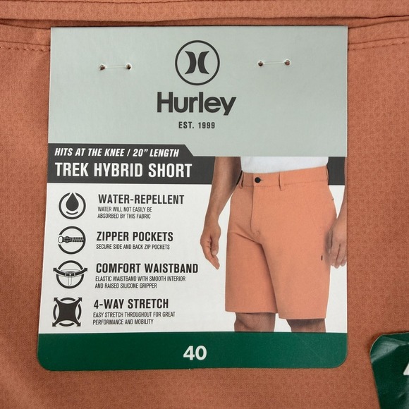 New Hurley Trek Hybrid Shorts Mens 40 Light Orange Water-Repellent Zipper Pocket - Picture 4 of 9